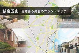 collage of pictures of the jonan gozan area with a map in the center